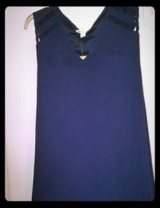 Navy blue sheath dress with cool eyelet lace back.